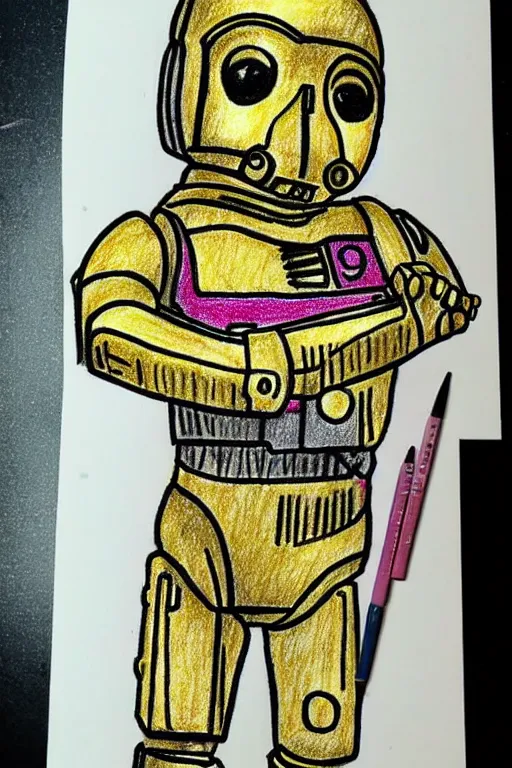 Image similar to very simple drawing of c 3 po as made by a child, crayon