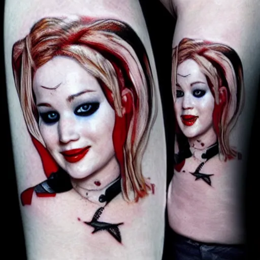 Prompt: a tatoo depicting jennifer lawrence as harley quinn, photo