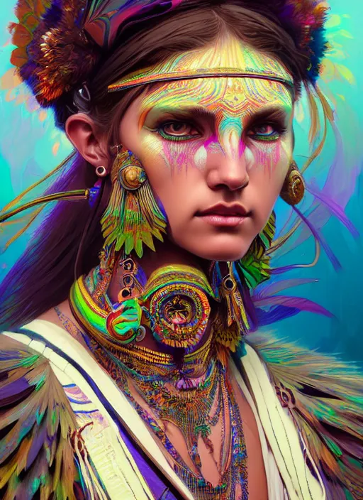 Image similar to hyper detailed ultra sharp of a beautiful tribal shaman trance girl. trending on artstation, warpaint aesthetic, earthwave, colorful, psychedelic, ornate, intricate, digital painting, concept art, smooth, sharp focus, illustration, art by artgerm and greg rutkowski and alphonse mucha, 8 k