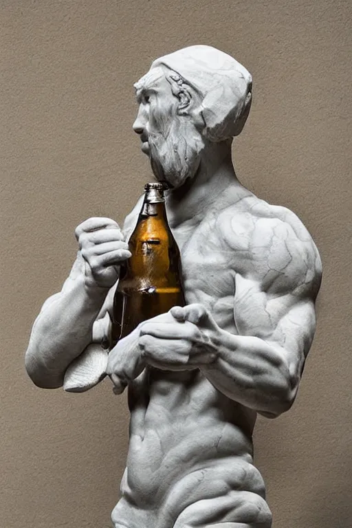 Image similar to marble sculpture of man in Adidas jacket sportswear holding a beer bottle made of marble, intricate sculpture, chiseled muscles, godlike, museum photo