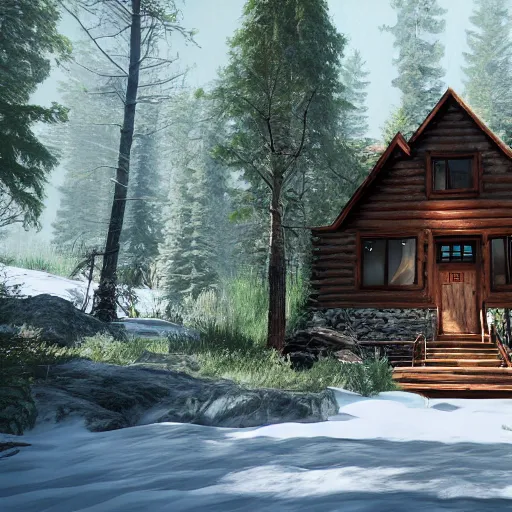 Image similar to a cabin in the woods unreal engine