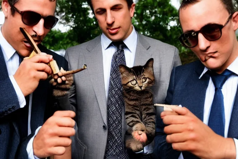 Prompt: cats in suits smoking cigars together