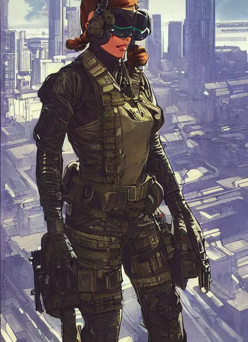 Prompt: Dinah. USN blackops operator looking at city skyline. Agent wearing Futuristic stealth suit. rb6s, MGS, and splinter cell Concept art by James Gurney, Alphonso Mucha. Vivid color scheme.