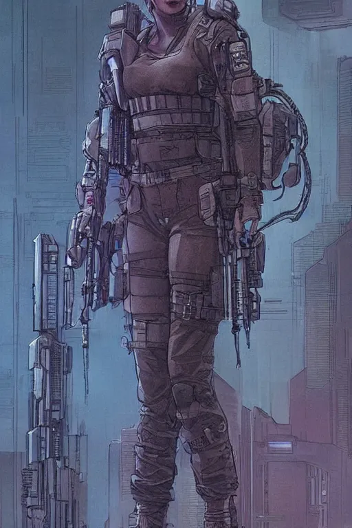 Prompt: adaego the ghost. blackops mercenary in near future tactical gear and cyberpunk headset. Blade Runner 2049. concept art by James Gurney and Mœbius.