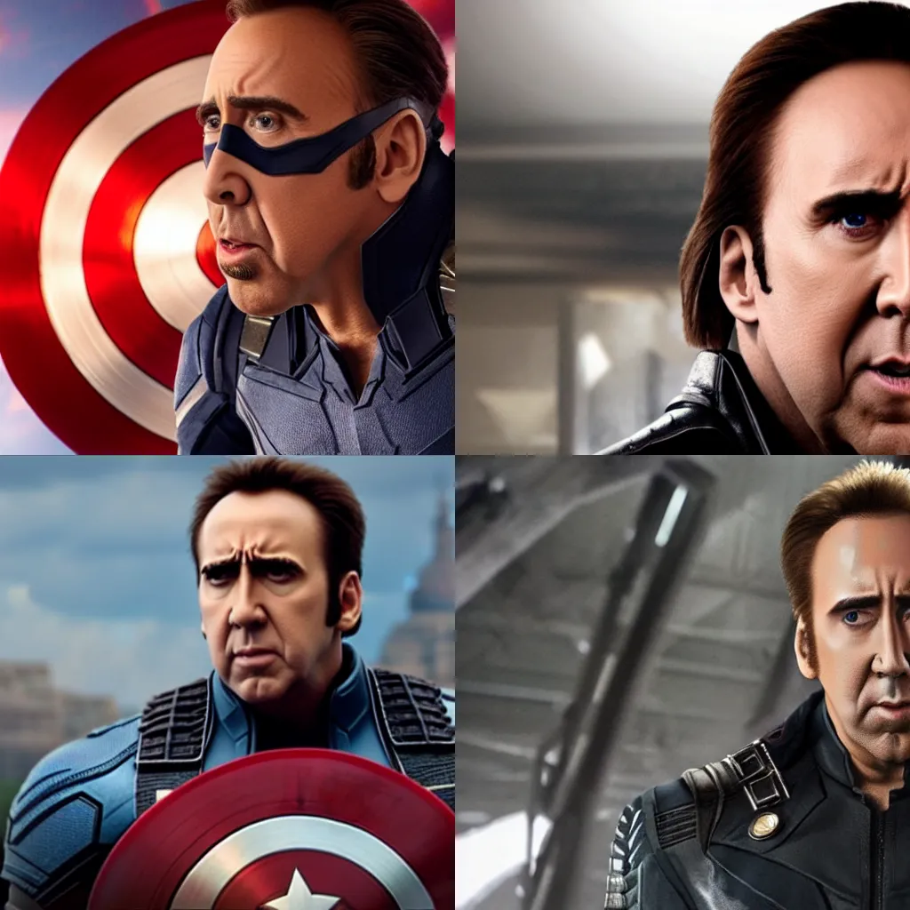 Prompt: Nicolas Cage as captain america, wide lens, award-winning