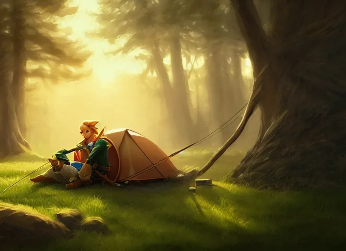 Image similar to full portrait of link from zelda resting with his bow at his tent. intricate, elegant, highly detailed, digital painting, artstation, concept art, smooth, sharp focus, illustration, by greg rutkowski, 8 k