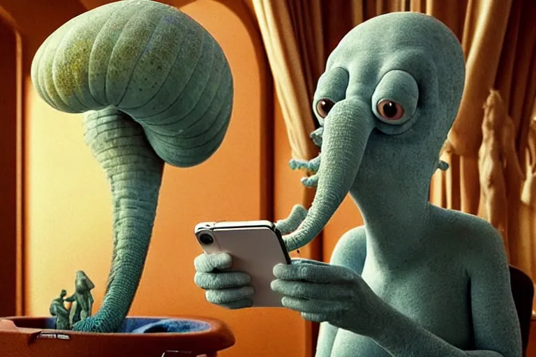 Image similar to hyperrealism aesthetic ridley scott and denis villeneuve style photography of a detailed giant squidward, siting on a detailed ultra huge toilet and scrolling his smartphone in hyperrealism scene from detailed art house movie in style of alejandro jodorowsky and wes anderson