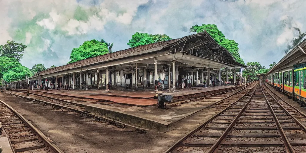 Image similar to sri lankan train station, drawn by hayao miyazaki