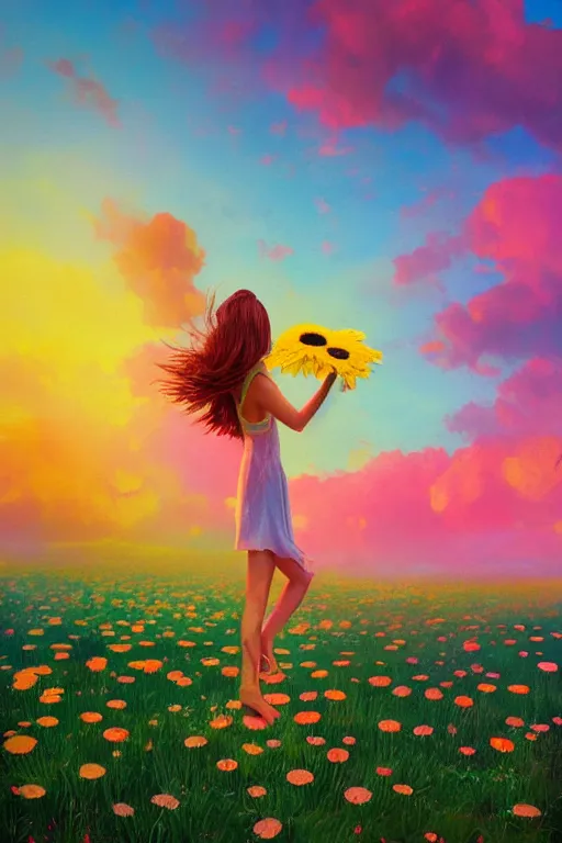 Image similar to giant daisy flower as head, girl dancing in a flower field, surreal photography, sunrise, dramatic light, impressionist painting, colorful clouds, digital painting, artstation, simon stalenhag