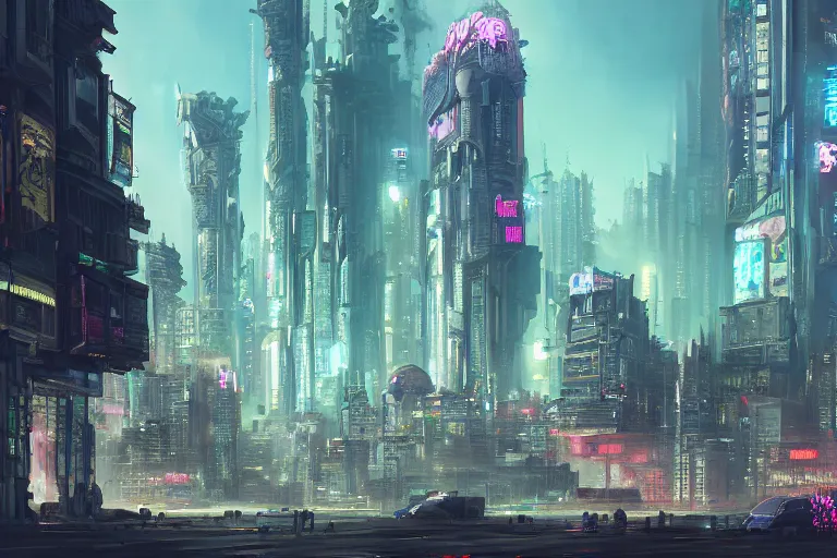 Image similar to beautiful highly detailed matte painting of a cyberpunk city by Zeen Chin, Trending on artstation H 1024
