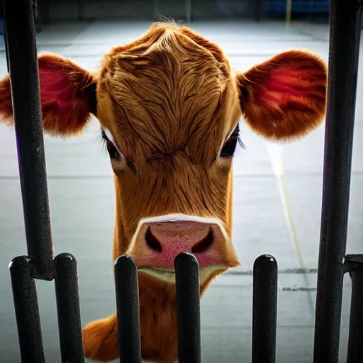 Image similar to mugshot of a cute calf with big eyes dressed as an inmate inside a jailcell