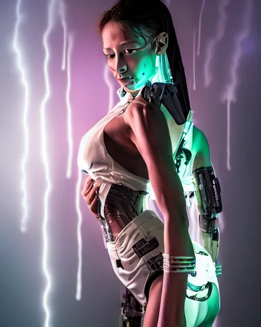 Image similar to portrait photo of female dancer as a cyberpunk mecha humanoid robotic head shoulder parts with straight bright led lights, under a waterfall, ultra - realistic and detailed, 8 k