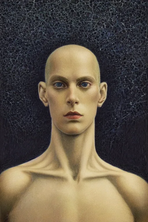 Image similar to portrait of beautiful gothic and futuristic young man, warcpace, cyber and rocks armor, a lot of more and more scars, thunderstorm, blueack with white head, the middle ages, highly detailed, artstation, illustration, more and more composision, 8 k quality, art by jean delville, rene magritte