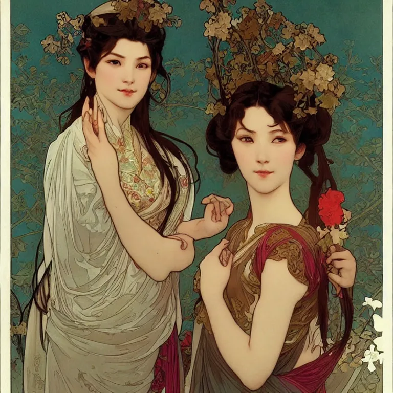 Prompt: beautiful women with oriental faces, character portrait, sharp, digital matte painting, art by alphonse maria mucha