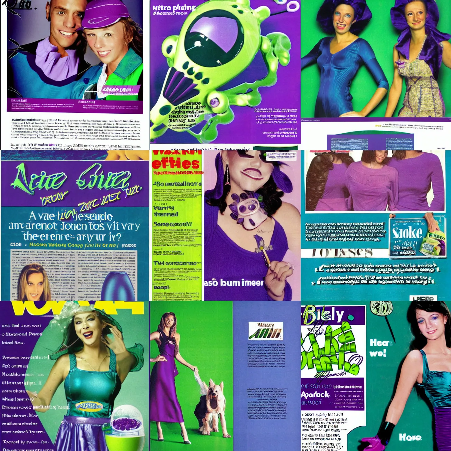 Prompt: a magazine ad from 2003 with a blue green and purple color scheme, wacky, zany