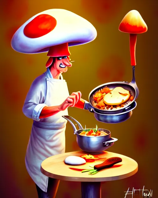 Image similar to an anthropomorphic mushroom chef cooking a meal, fantasy illustration, detailed digital painting, trending on artstation