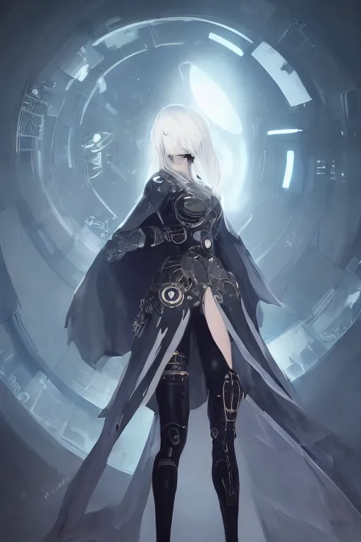 Prompt: beautiful cyborg priestess, scifi, perfect face, futuristic, elegant cape, aura of light, glow, nier automata, concept art, decorations, sharp focus, inside a space ship, trending on artstation, hwang se - on, intricate, advanced technology, art by roman makarenko