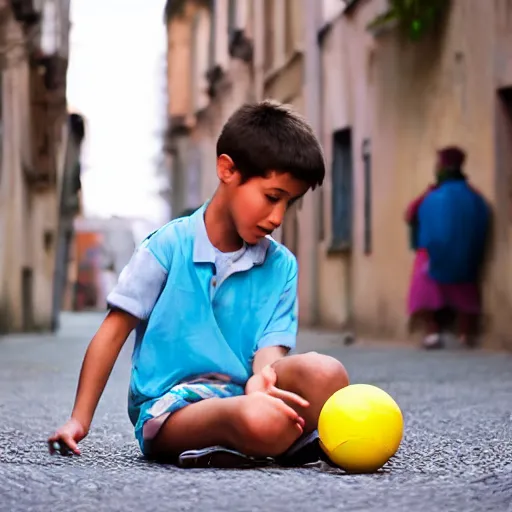 Image similar to a boy playing with a ball in the street 2 0's style