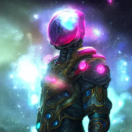 Image similar to photorealistic fantasy cosmic concept art of a cosmic nebula God in dark matter armor hovering in a unknown galaxy, fully body portrait, cinematic, dynamic lighting, ultra detailed, creative, trending on art station