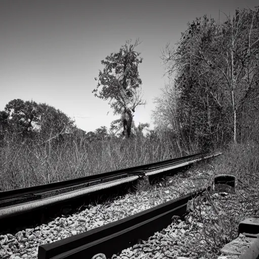 Image similar to fine art photography of a abandoned old train station in the middle of nowhere, overgrown, it train tracks curve up toward the sky, black and white photography 3 5 mm