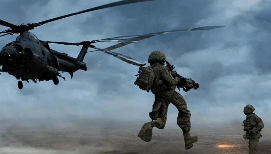 Image similar to Big budget movie about a cyborg demon helicopter attacking a soldier with a minigun