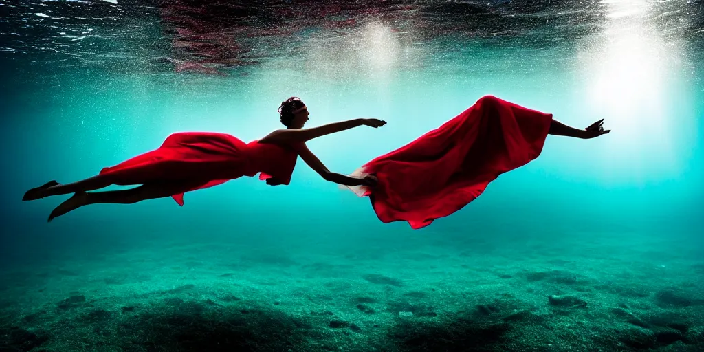 Prompt: deep underwater photography of beautiful model in flat dress concert hall by emmanuel lubezki