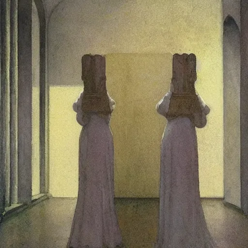 Prompt: procession of ivory golden women in a soviet abandoned temple, dripping watercolor by hammershøi, highly detailed, art nouveau wallpaper, lights by edward hopper, liminal, eerie, pastel colors, limited palette