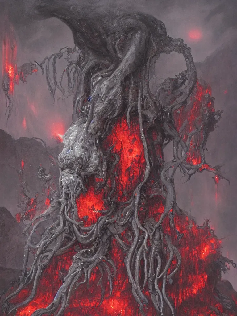 Prompt: wayne barlowe painting of a flying sorrowful looking severed human head with tears running down it's eyes, face that is chalk white in color, with long white tentacles stemming from it's neck, fiery scorching red eyes, background sprawling terrifying hellish cave with lava flowing through it's walls, 4 k