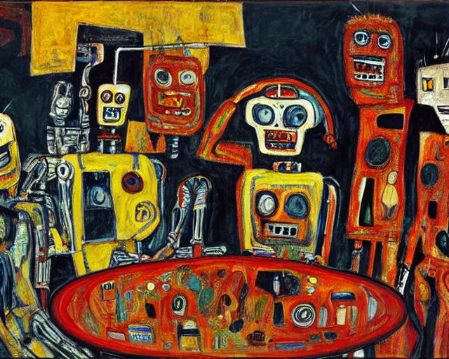 Image similar to a painting of a robot family at a bbq by graham sutherland, egon schiele, basquiat, neo - expressionism