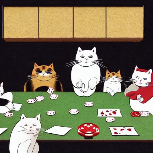 Image similar to fat mobster cats gambling at a table with a single light overhead, smoke fills the room, japanese art style