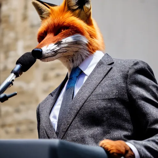 Image similar to a fox animal dressed in a suit giving a presidential speech, 8 5 mm f / 1. 4