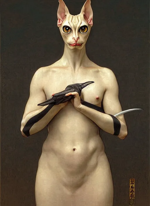 Prompt: portrait of a sphinx cat is a chinese dragon in armor and helmet, majestic, solemn, symmetrical, detailed intricate, hyper realistic, by bouguereau