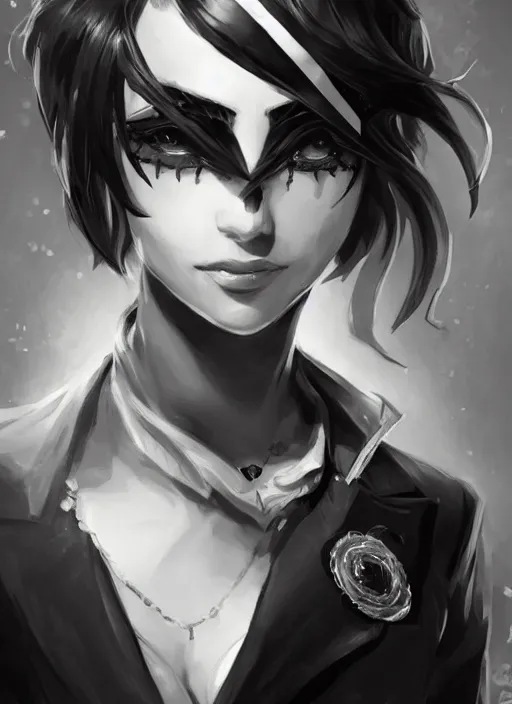 Image similar to a highly detailed illustration of beautiful short black messy haired woman wearing eyepatch!!! and noir style suit and tie, dramatic smiling pose, intricate, elegant, highly detailed, centered, digital painting, artstation, concept art, smooth, sharp focus, league of legends concept art, WLOP