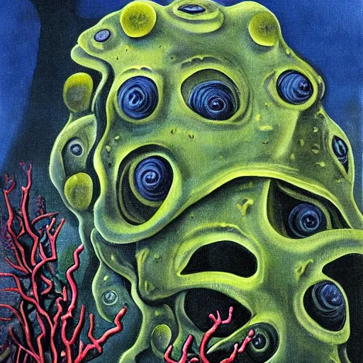 Image similar to deep sea plant life creature, black lagoon, amphibious, seaweed, coral, surreal painting, painted by dali,