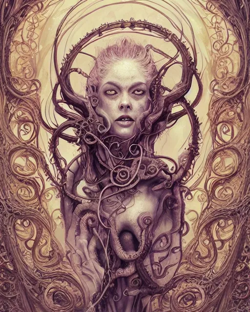 Image similar to centered beautiful detailed portrait of a insane, crazed, mad old woman, ornate tentacles growing around, ornamentation, thorns, vines, tentacles, elegant, beautifully soft lit, full frame, by wayne barlowe, peter mohrbacher, kelly mckernan, h r giger