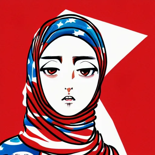 Prompt: hijab tribe jaw japan flag background, sharp eyes, character designs, manga, white paper, guido borelli da caluso, illustration