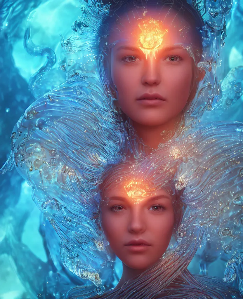 Image similar to close-up macro portrait of the face of a beautiful princess, epic angle and pose, symmetrical artwork, 3d with depth of field, blurred background, cybernetic jellyfish female face skull phoenix bird, translucent, nautilus, energy flows of water and fire. a highly detailed epic cinematic concept art CG render. made in Maya, Blender and Photoshop, octane render, excellent composition, cinematic dystopian brutalist atmosphere, dynamic dramatic cinematic lighting, aesthetic, very inspirational, arthouse. y Greg Rutkowski, Ilya Kuvshinov, WLOP, Stanley Artgerm Lau, Ruan Jia and Fenghua Zhong