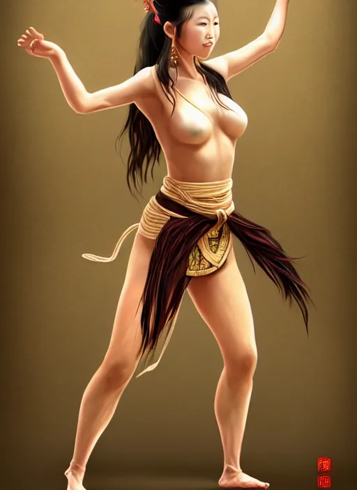 Image similar to full body portrait of a barefoot dancer using silk belts as weapons, barefoot, tanned, vivacious, athletic, hanfu, fully clothed, chinese ribbon dance, silk belt, scorpion whip, battle, wuxia, martial arts, ming dynasty, detailed, anatomically accurate, fantasy illustration, dungeons and dragons, artstation, ghostblade, wlop.