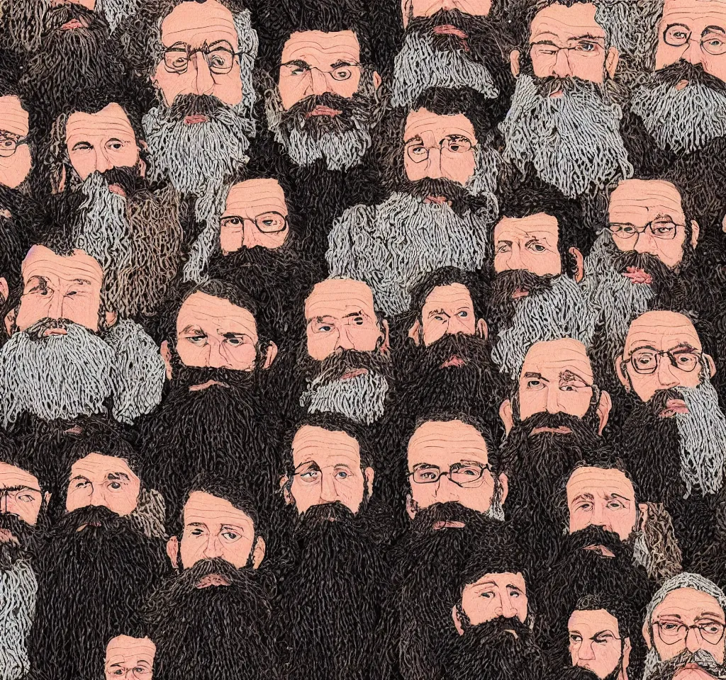 Image similar to some people that i had read about had knitted all of their beards together, a macrame homage to a better life, a tapestry depicting human failure, in real time and in three or four dimensions. they had been put in prison after they had knitted themselves to a shoplifter in solidarity