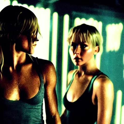 Image similar to julianne hough and jennifer lawrence by ridley scott, secret agents, wearing black shorts, wearing black boots, wearing a cropped tops, blade runner, highly detailed, movie still, intense, sharp focus, cyberpunk, hq