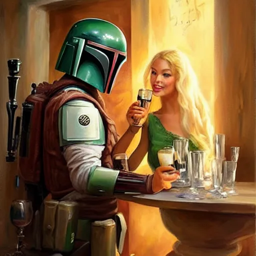 Image similar to Boba Fett and a beautiful young blonde drinking beer in a wine cellar, food, meat, schnapps, torches on the wall, romantic, inviting, cozy, painting by Vladimir Volegov