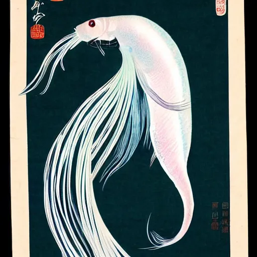 Image similar to a graceful iridescent white betta fish with long swirling fins, black-water-background, traditional Chinese illustration