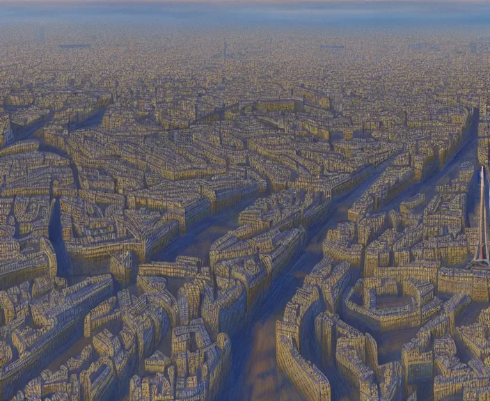 Prompt: 4 k hd, high detail panoramic painting of paris, wide shot, consistent, volumetric lighting, high level texture render, matte painting, peter elson, trending on artstation