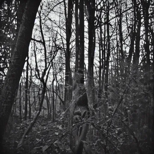 Image similar to grainy trail cam photo still of an alien in the woods at night hiding in the trees of a forest