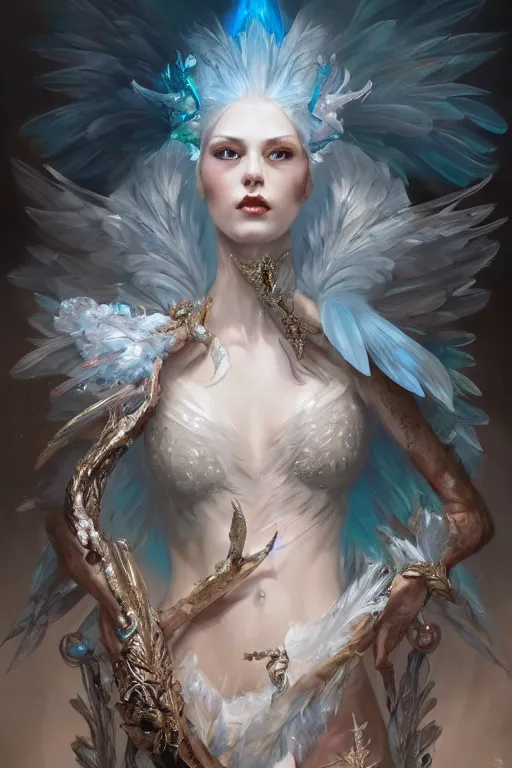 Image similar to beautiful model wearing crystal white feathers, diamonds, angel, fantasy, dramatic lighting, highly detailed, digital painting, holding ice, magic the gathering, hyper detailed, 3 d render, hyper realistic detailed portrait, peter mohrbacher, wlop, ruan jia