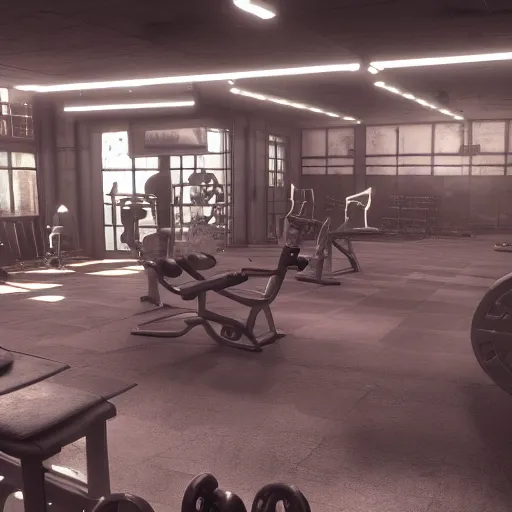 Prompt: fallout concept art gym interior render grim realistic lighting unreal engine 5