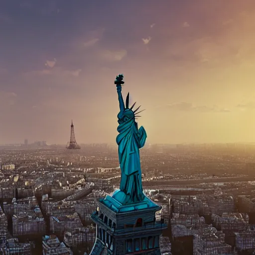 Prompt: The Statue of Liberty and Eiffel Tower and Big Ben, photorealism, wide angle, concept art, cinematic atmosphere, elaborate, highly detailed, ornate, shiny, dramatic lighting, octane render, 4k, by Peter Kemp