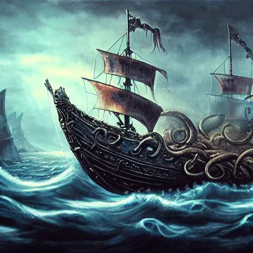 Prompt: kraken breaking epic viking ship, kraken, wrecked ship, centered in picture, epic fantasy, detailed, intricate, digital painting, concept art, realistic, smooth, focus, rim light