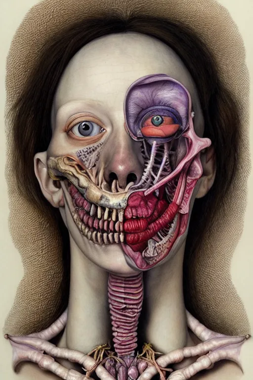 Image similar to Detailed maximalist portrait with large lips and eyes, scared expression, botanical anatomy, skeletal with extra flesh, HD mixed media, 3D collage, highly detailed and intricate, surreal illustration in the style of Jenny Saville, dark art, baroque, centred in image