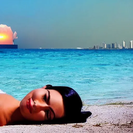 Image similar to pretty woman sunbathing on the beach with a nuclear explosion in the background